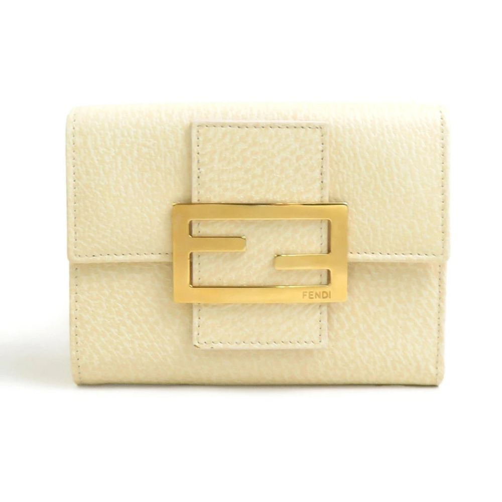 Fendi Tri fold Wallet Leather Beige Cream Gold